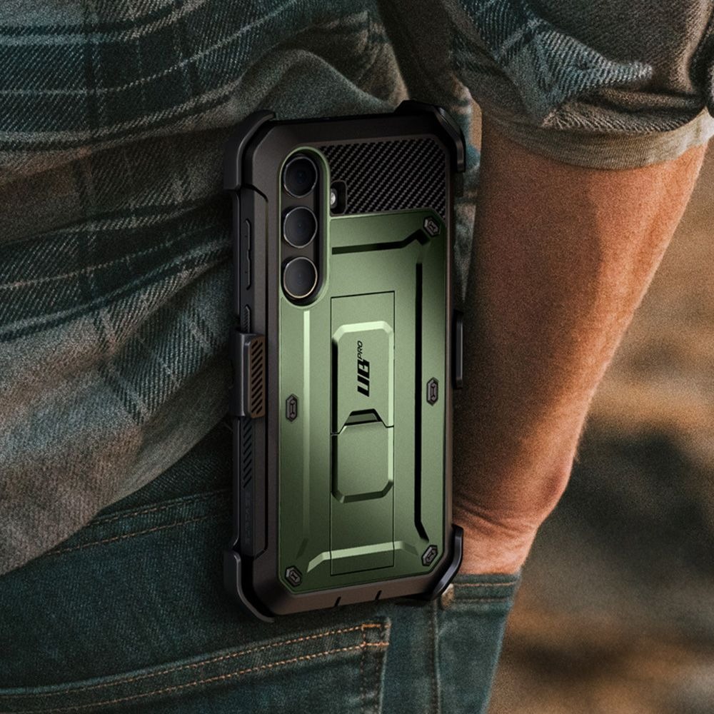 Etui pancerne z osłoną na ekran, z wbudowaną podstawką i kaburą z klipsem obrotowym Supcase Unicorn Beetle Pro do Galaxy S24, zielone